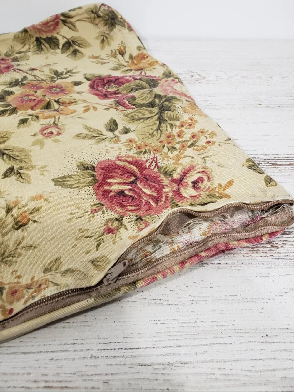 Floral Zippered Pillow Cover  22 X 20 Roses Beige Green Burgungy Tapestry Weight